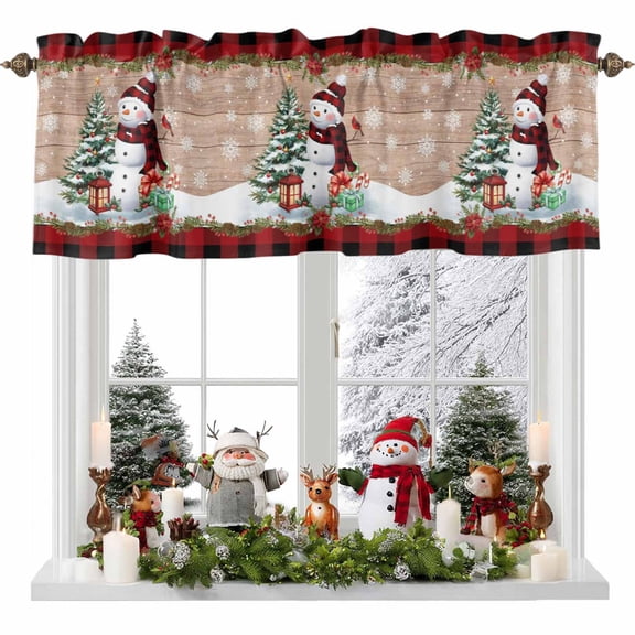 Christmas Valance Curtain for Windows Xmas Snowman Pine Tree Snowflakes Wood Grain Plaid Curtain Valances Short Window Treatments Panels for Kitchen Bathroom Laundry Room Basement 54 x 18 Inch