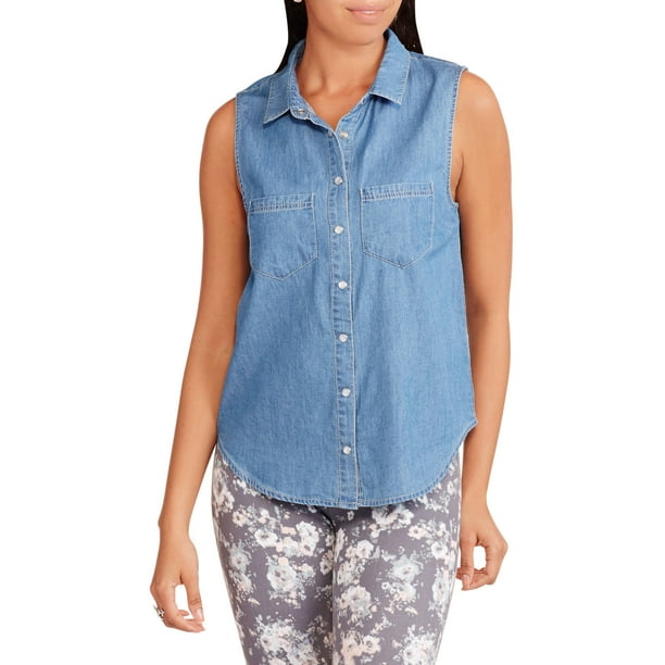 Derek Heart - Juniors' Sleeveless Denim Button Down Shirt with Patch ...