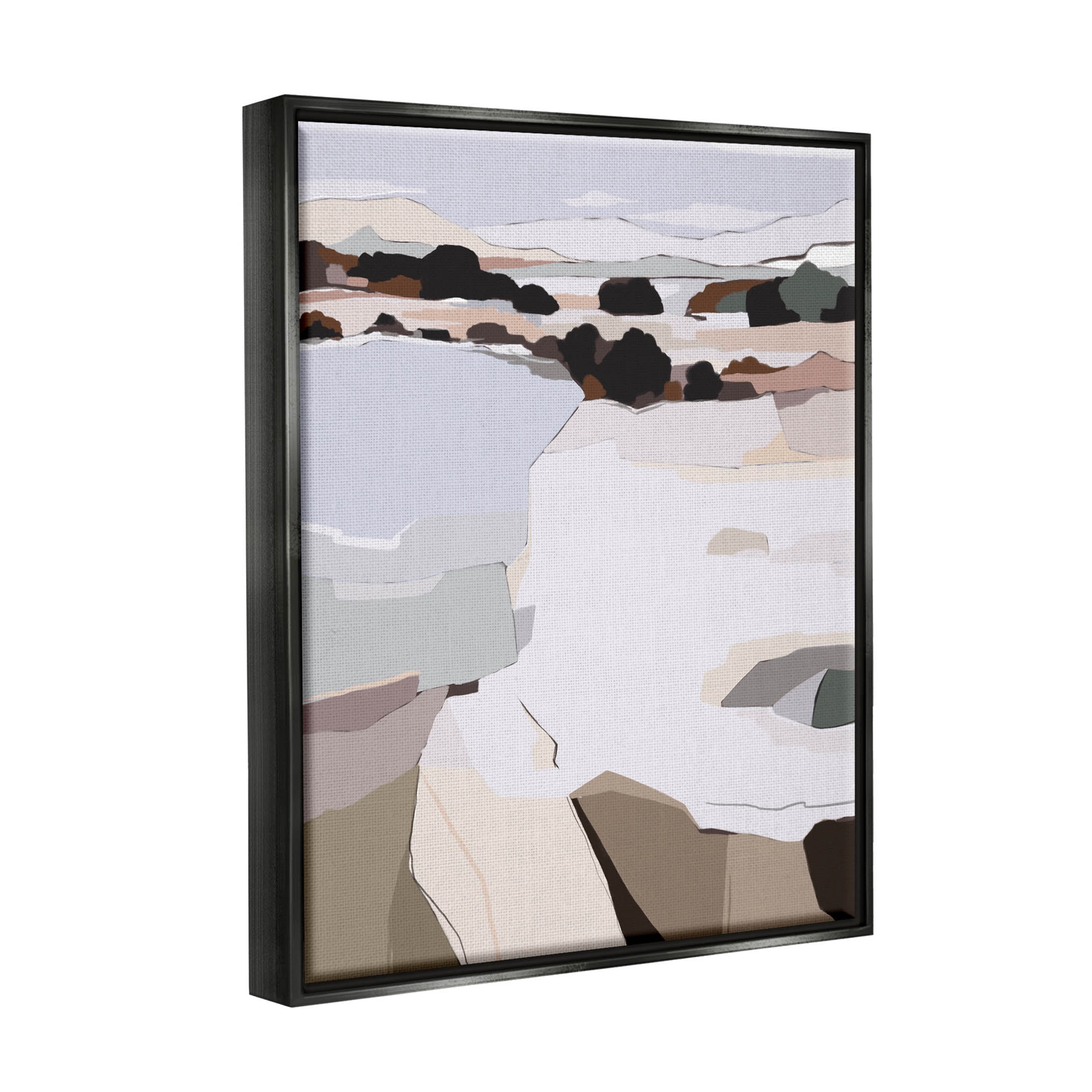 Stupell Industries Abstract Lake Cliffs Landscape Painting Graphic Art Jet Black Floating Framed Canvas Print Wall Art, Design by Nikita Jariwala