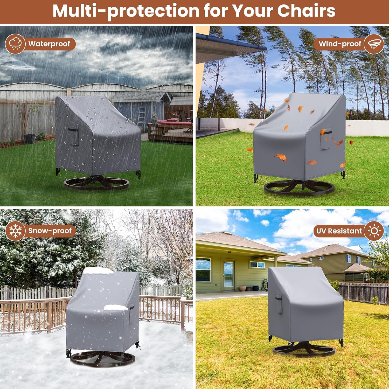 SUMMIT-Patio Chair Covers, 2 Pack Outdoor Swivel Lounge Chair Cover, Heavy Duty Patio Rocking Chair Covers, Patio Furniture Covers Waterproof, 30" W×34" D×38.5" H, Grey