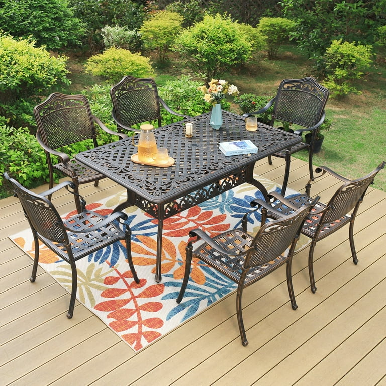 bronze rectangular patio table with umbrella hole Summit Living Cast Aluminum Outdoor Dining Rectangle Table with Umbrella  Hole for 6-Person, Antique Bronze