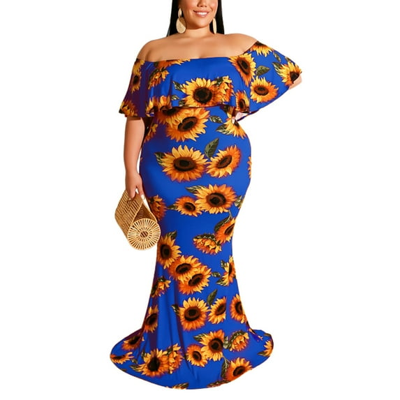 Women Night Dress Plus Size Vintage Ruffle Floral Printed Off Shoulder Bodycon Long Maxi Dress
