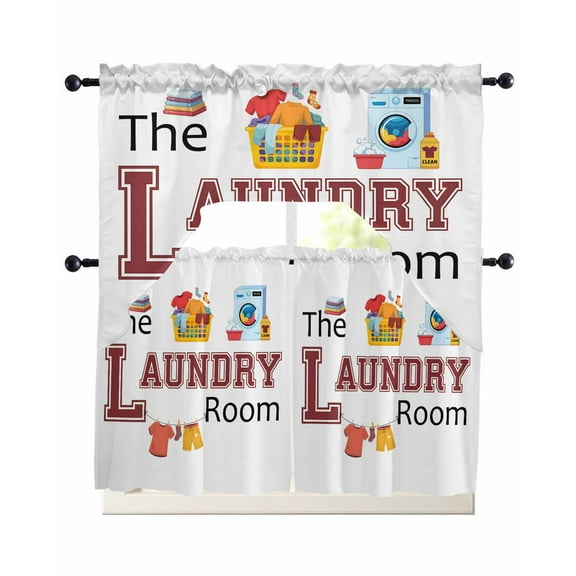 Laundry Room Kitchen Curtains Sets 36 Inch Length with Valance, Cartoon Washday Washing Machine Clothes Swag Valances and Tiers Curtain Set Drapes Swag Curtains for Living Room, Bathroom, Bedroom