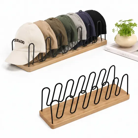 2 Pack Freestanding Wood & Metal Baseball Cap Organizer, No Assembly Space Saving Hat Display Rack for Closet Dresser Entryway Countertop