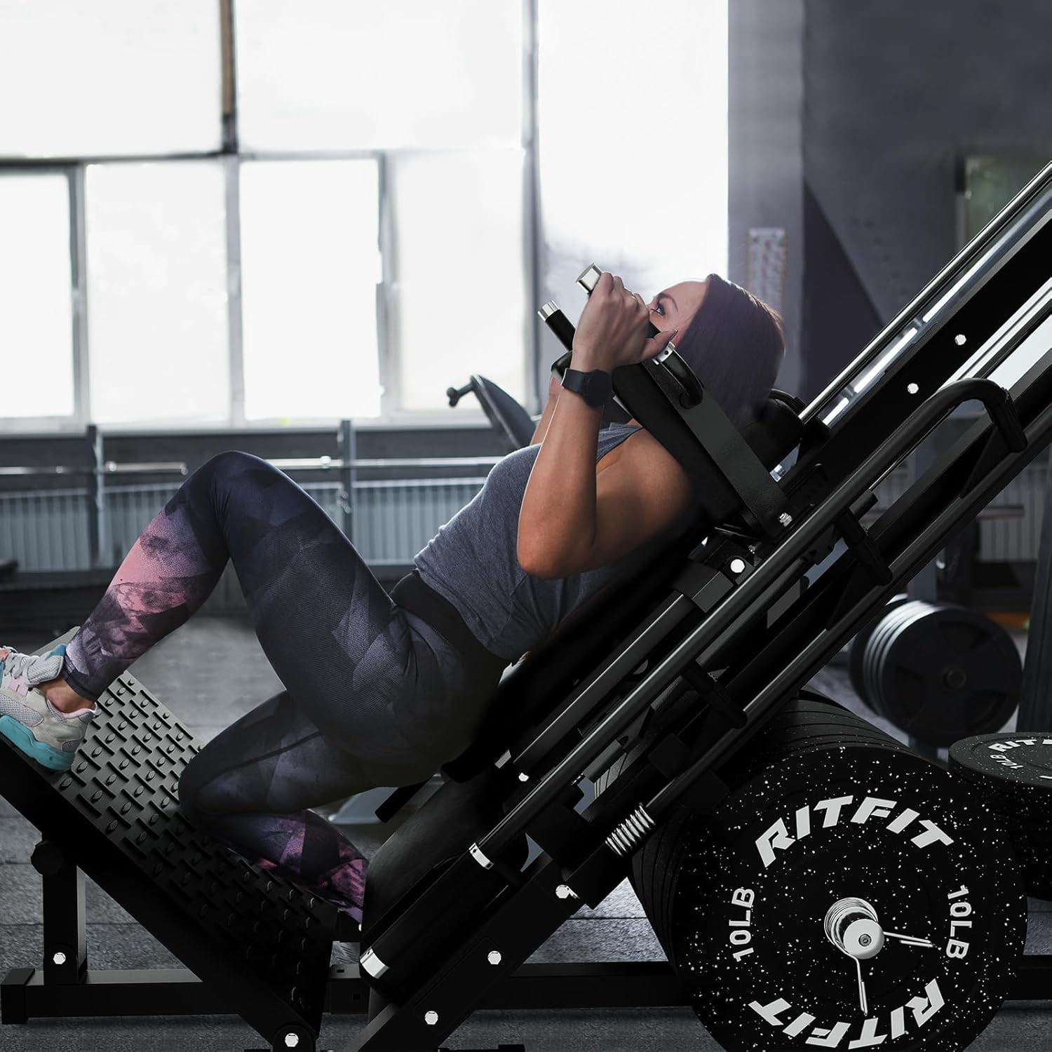 RitFit Adjustable Leg Press and Hack Squat Machine with Weight Plates, Professional Home Gym Equipment with Linear Bearings and Weight Storage Posts, 140LB Fleck Rubber Plate Set