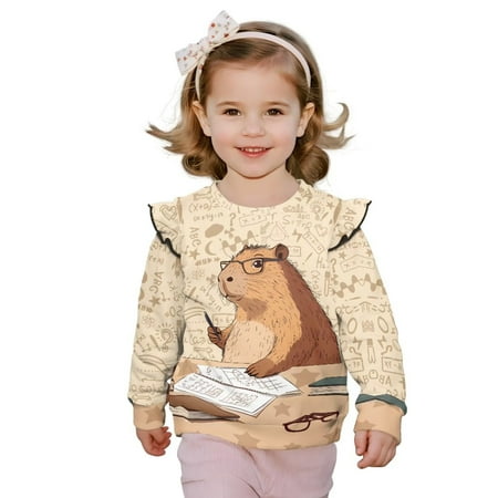 Garronmavis Fashion Capybara Long Sleeve Sweatshirt 2T Comfortable Kids Sweatshirts Pullover Loose Ruffle Long Sleeve Girls Top Stylish Girls Pullover Crewneck Sweatshirt for Toddler Kids