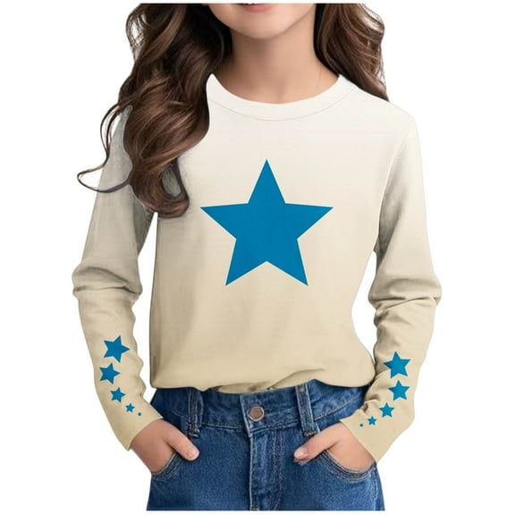 Edvintorg Girls Shirts Long Sleeve Cute Star Print Crewneck Dressy Casual Shirt Loose Fit Tunic Tops Blouses Kids Clothes Girls 3-14 Years