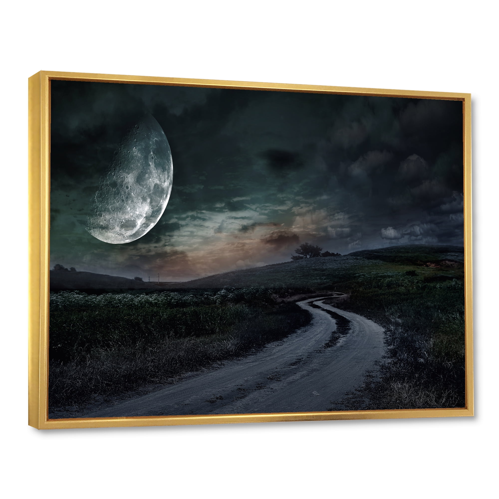 Designart 'The Meadow Under Full Moon With Rural Road Through ' Nautical & Coastal Framed Canvas Wall Art Print