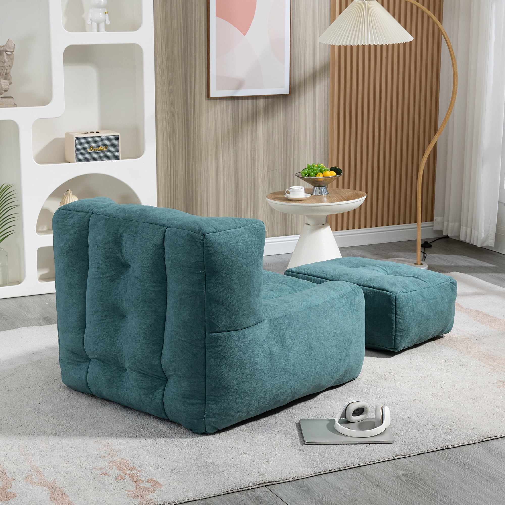 Accent Chair with Ottoman Set,Modern Velvet Bean Bag Chair for Adults and Childs,Upholstered Lazy Sofa Chair Armchair for Living room, Bedroom, Apartment,Green