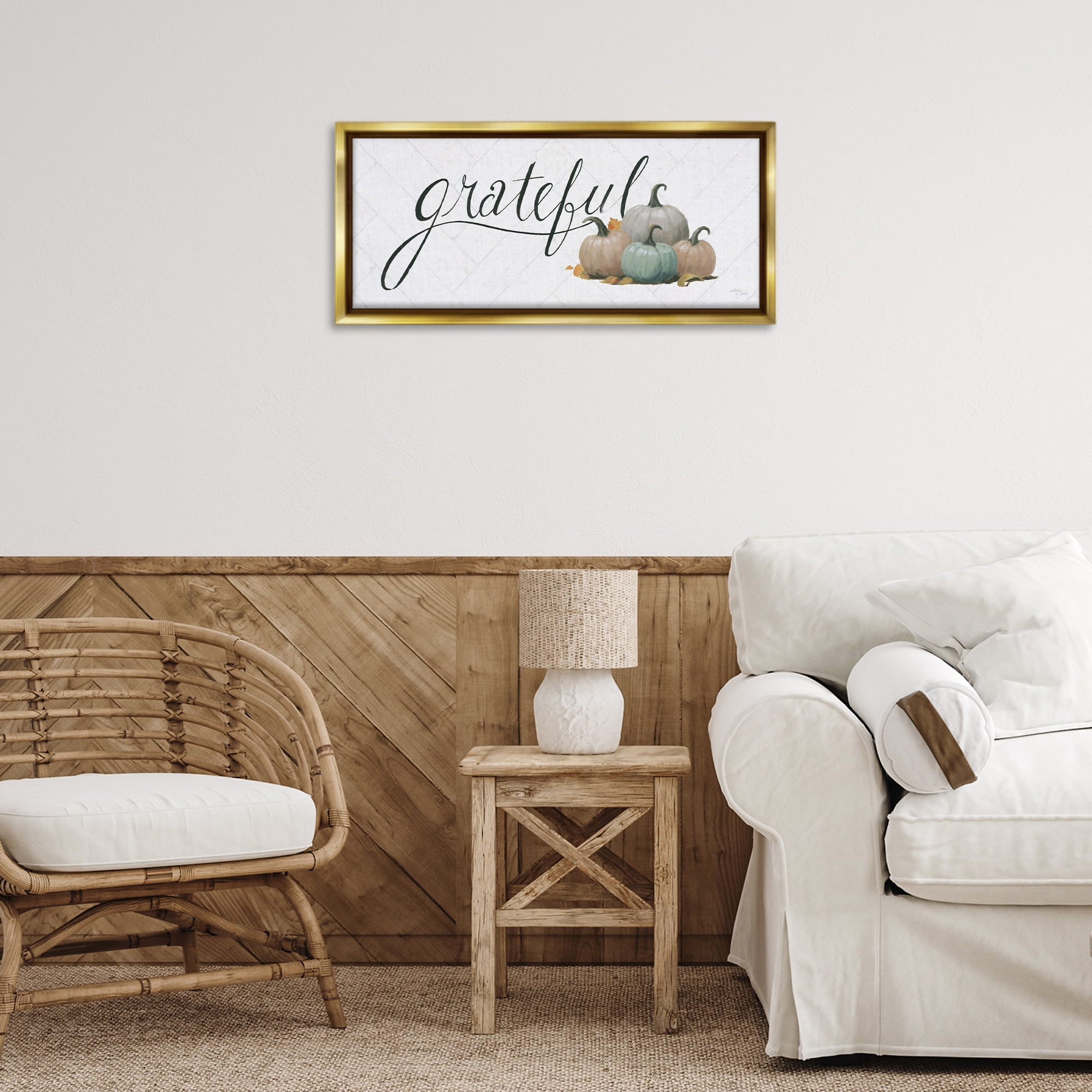 Stupell Industries Grateful with Pumpkins Typography Painting Gold Floater Framed Canvas Art Prints Wall Art, 25 x 11