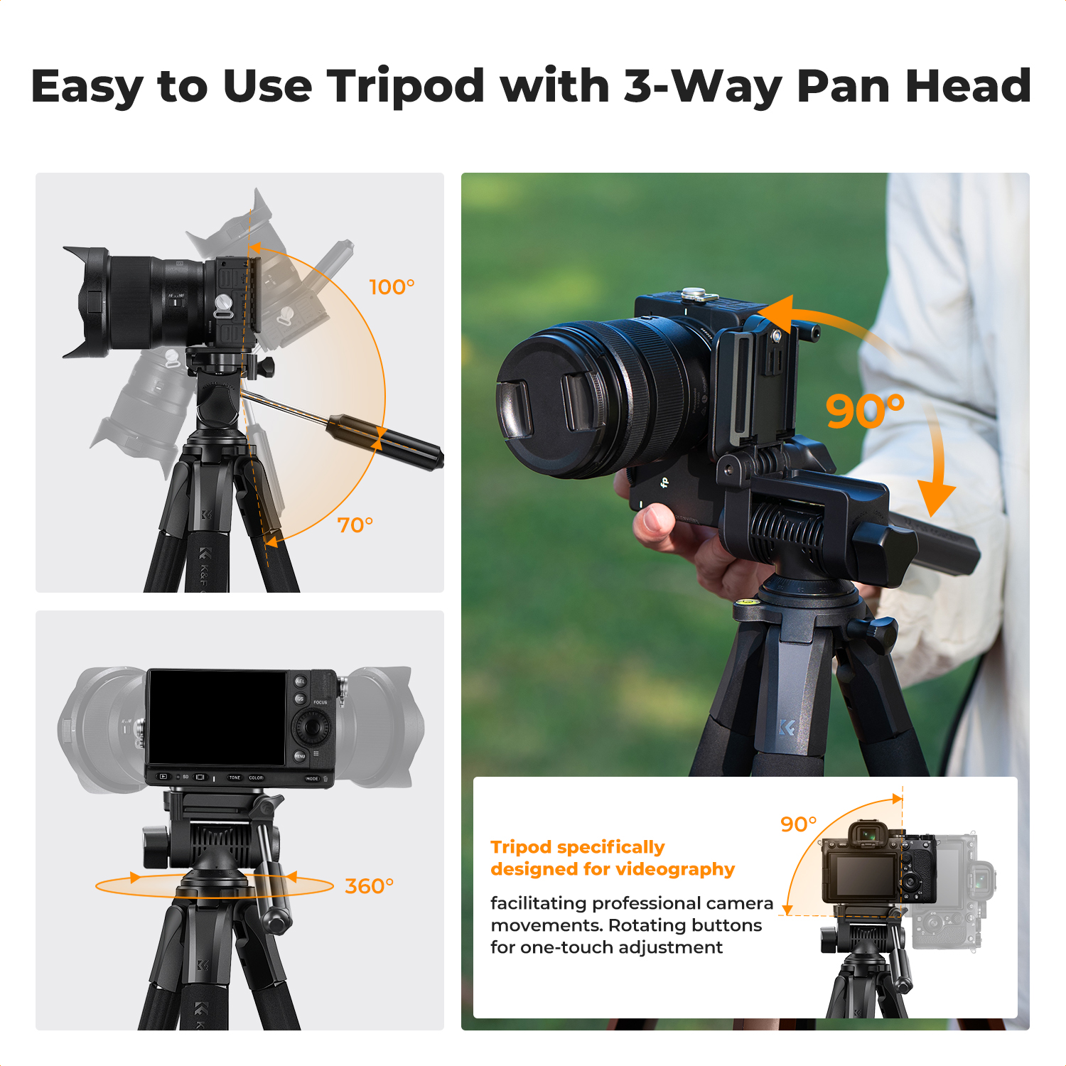 K&F CONCEPT Camera Tripod, 75" Lightweight Travel Outdoor DSLR Tripods for Recording , Cellphone Clip for Live Streaming Vlog (Bronze Gold)