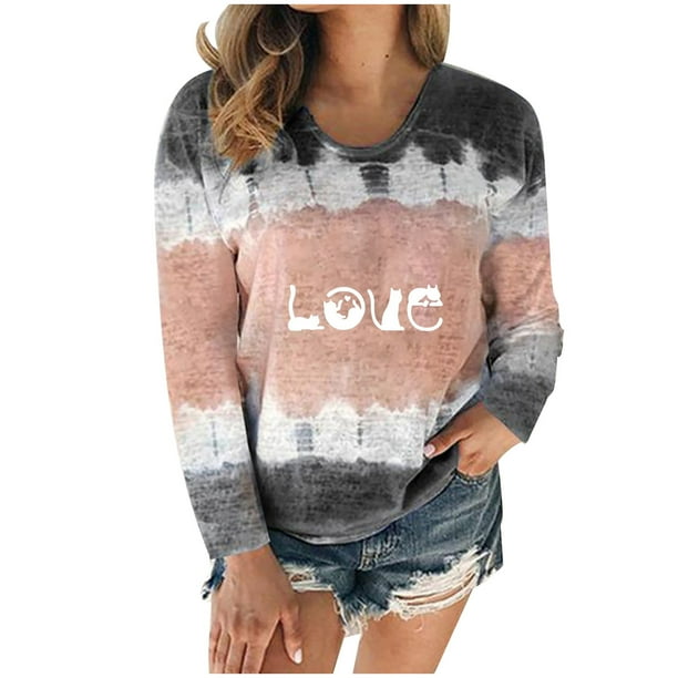 Casual mujer verano Sexy gradiente estampado Regular cuello redondo mujeres manga larga Top Fridja czfsfas2514