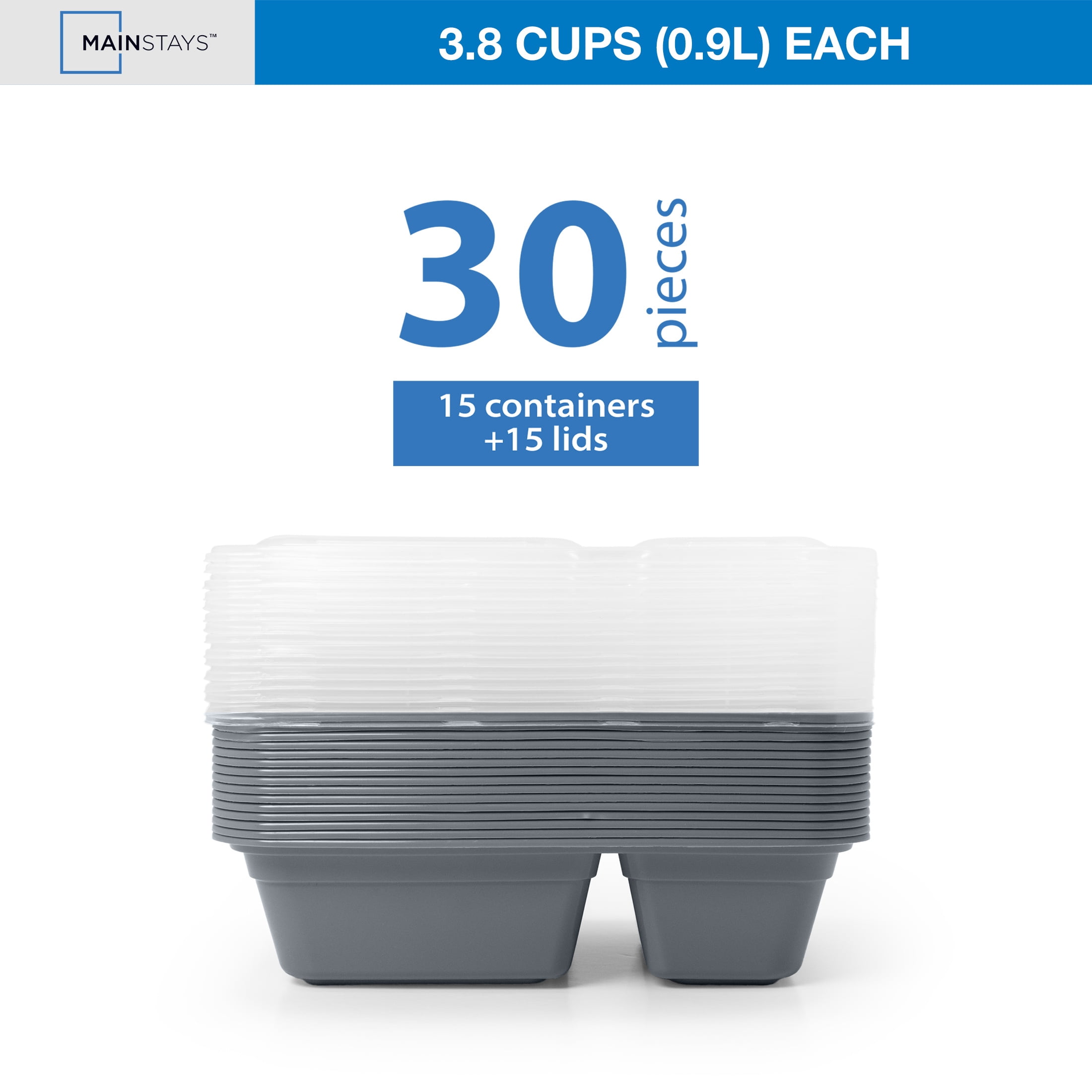 Mainstays 15-Pack 2-Compartment BPA-Free Meal Prep Food Storage Containers, Soothing Grey