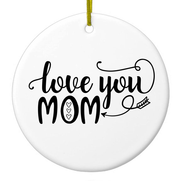 DistinctInk Hanging Ceramic Christmass Tree Ornament with Gold String - Great Gift / Present - 2 3/4 inch diameter - Love You Mom - Hearts, Arrow