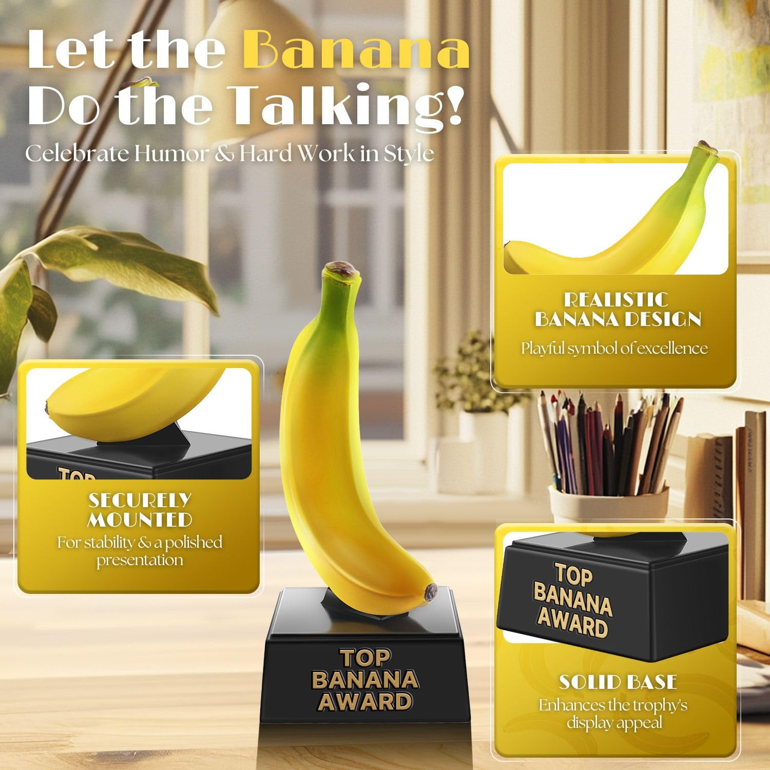 Flexzion Top Banana Trophy - 7-Inch Top Banana Award for Outstanding Achievements, Unique and Funny Trophy for Adults, Coaches, Teachers, and Team Leaders - Durable Resin with Black Base