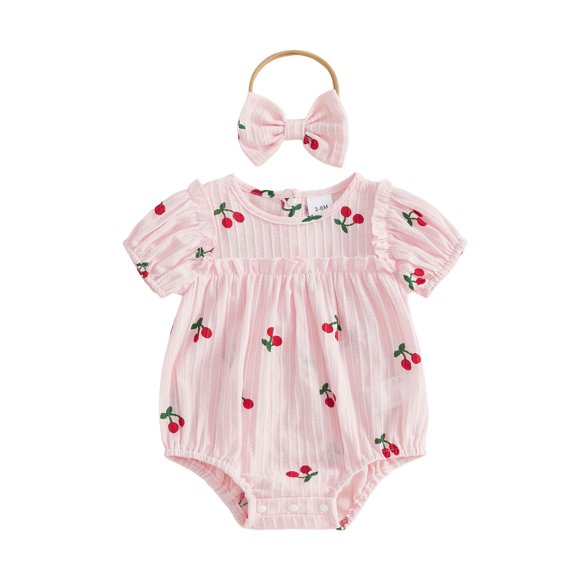 Cenuakty Baby Girls Sweet Cherry Print Short Sleeve Round Neck Romper and Headband Set