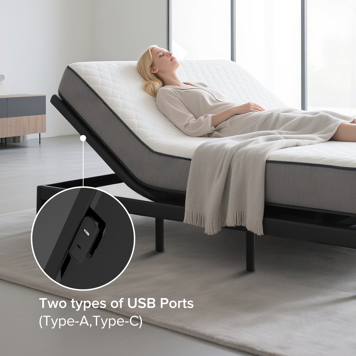 Yoneston Queen Size Adjustable Bed Base Frame with Head & Foot Incline, Massage, Wireless Remote, 0 Zero Gravity, LED Nightlight & USB Ports, Anti-Snore, Black