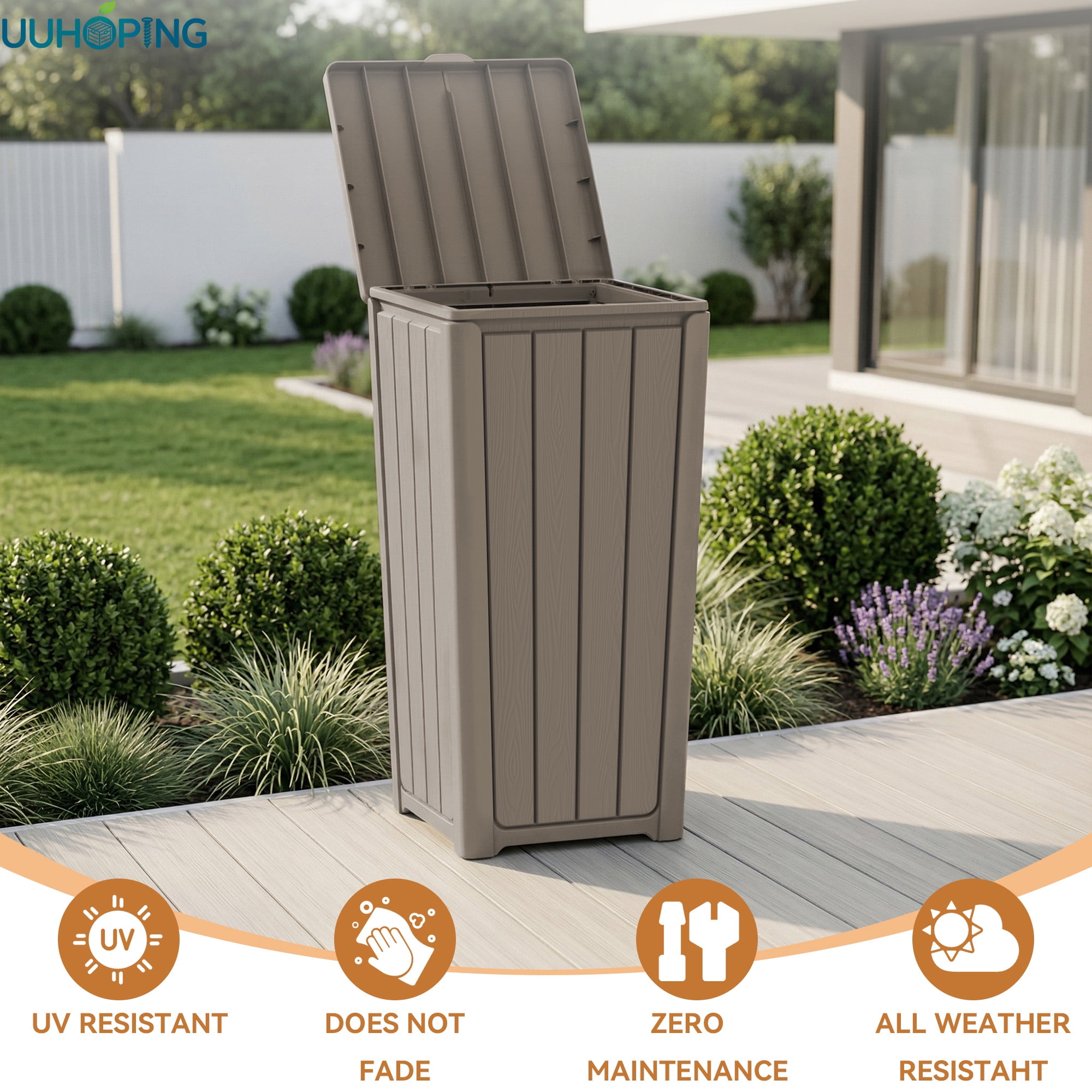Fazzn  Baltimore Resin 33 Gallon Outdoor Kitchen Trash Can with Lid and Drip Tray for Easy Cleaning-Perfect for Patio Dining, Black/Brown
