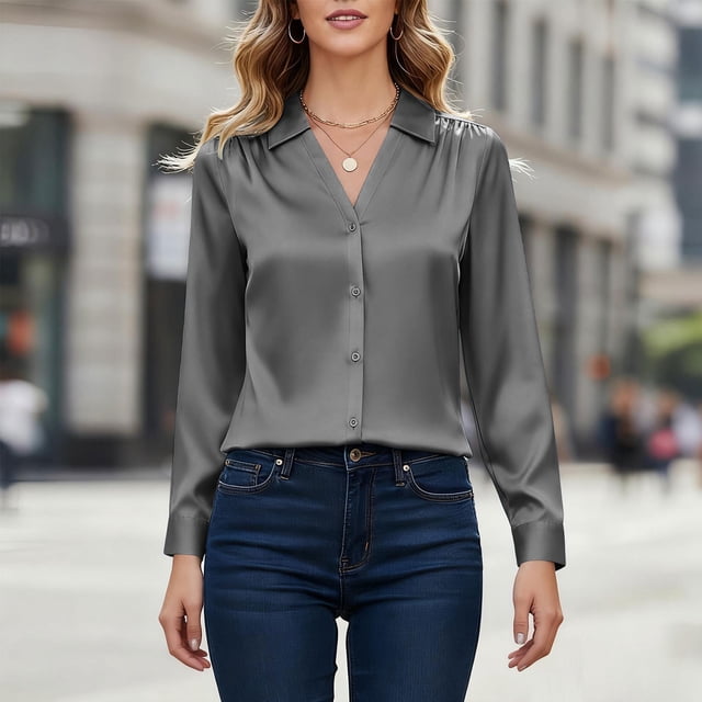 Ounisa Womens Button Down Shirts Dressy Casual Satin Silk Long Sleeve V Neck Tops Business Office Work Blouses 2025