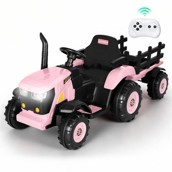 Alpha Joy 24V Powered Ride on Tractor with Detachable Trailer Electric Toy Car with Remote Control, Tippable Trailer, USB, Headlight, Bluetooth, 3 Speed Adjustable for Kids 3 , Pink