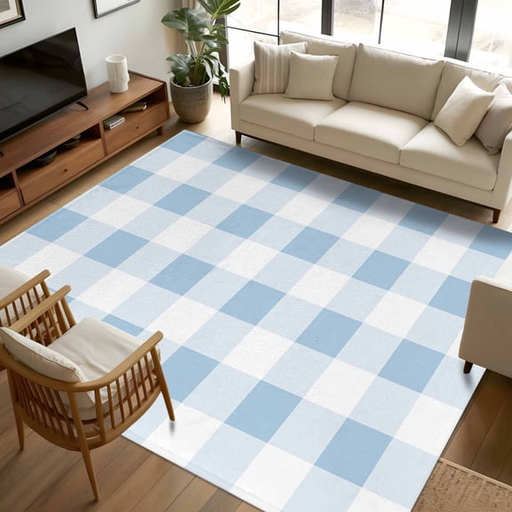 6x9 Area Rugs, Blue Checkered Non-Skid Rubber Backing Large Rectangle Rugs - Living Room Bedroom Home Office, Blue White Buffalo Plaid Indoor Floor Mat Carpets Washable Rug