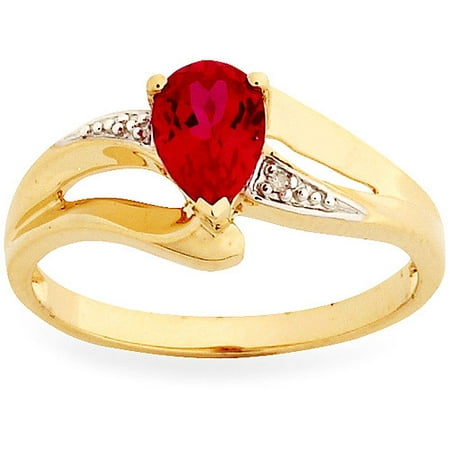 Simply Gold Gemstone 7x5mm Pear-Shaped Created Ruby and Diamond Accent 10kt Yellow Gold Ring, Size 7