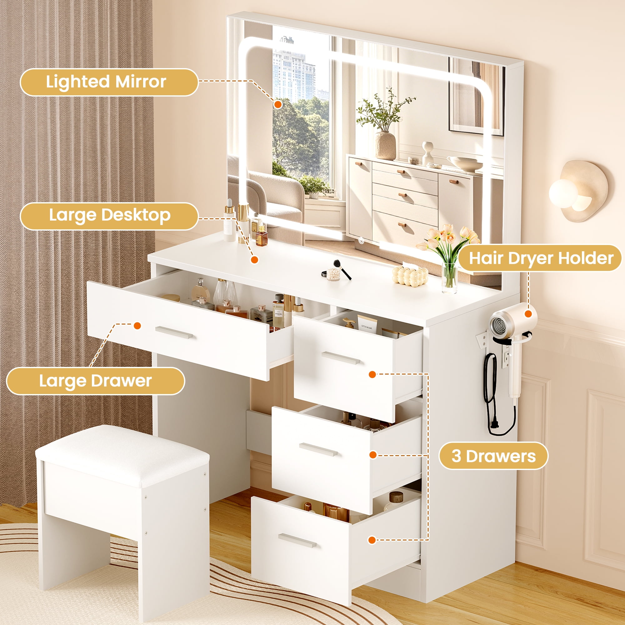 LIVELYGLOW Vanity Set with Mirror&Stool,Makeup Vanity Set with Power Outlet,Vanity Dressing Table with LED Light for Bedroom,White