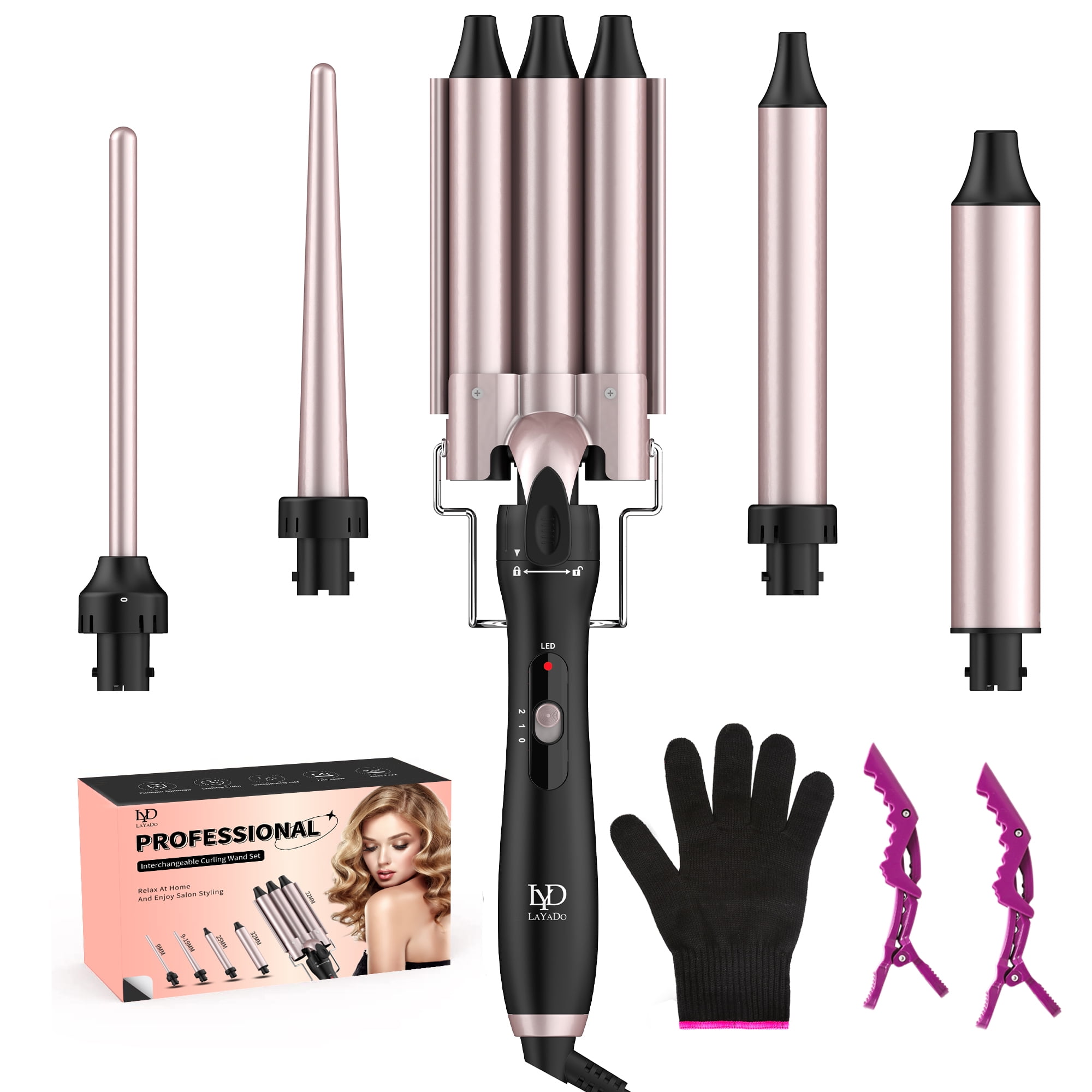 LAYADO 5 in 1 Curling Iron Set, Multifunction Professional Interchangeable 3 Barrel Hair
