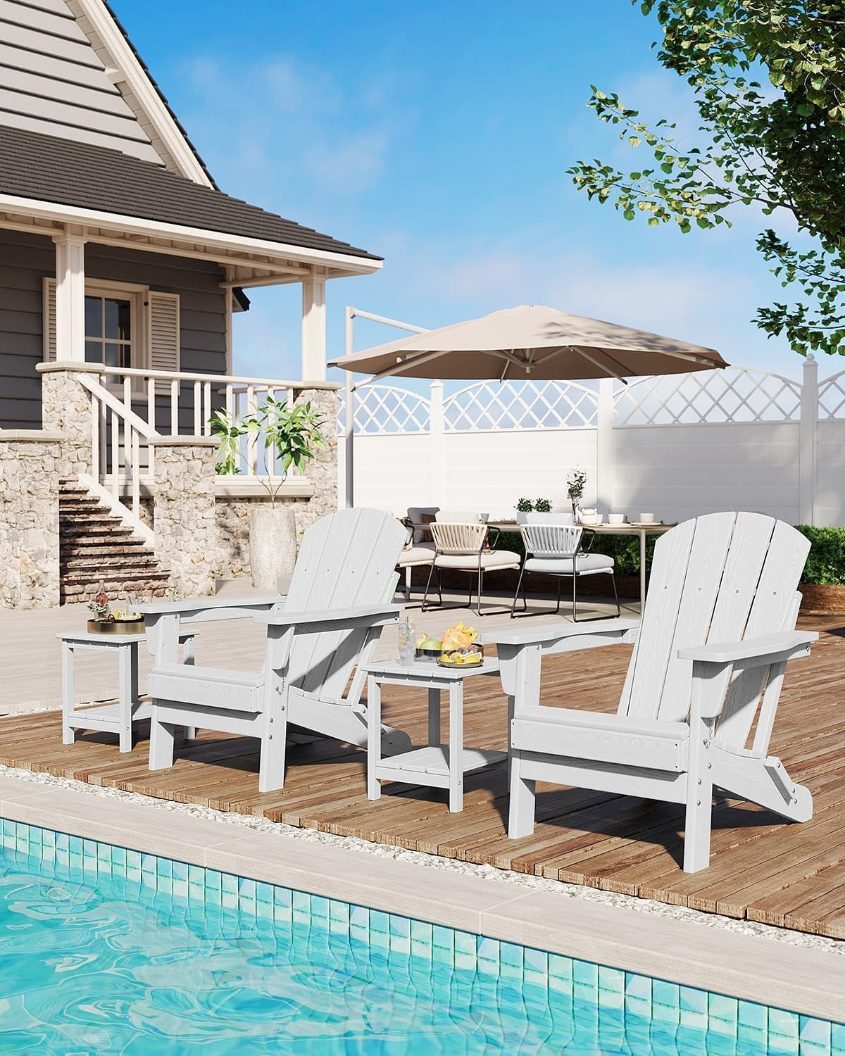 Outdoor Folding Adirondack Chair, 380lbs Capacity, Portable HDPE All-Weather Fire Pit Chair for Patio, Garden, Pool, Beach & Camping, White