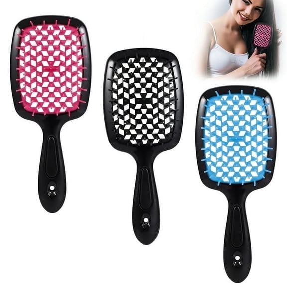 3 Pcs Hollow Mesh Comb, Protects Against Split Ends and Breakage, Square Wet and Dry Massage Brush, Unknotted Hair Comb, Color Patchwork Fluffy Comb with Handle for Women Men Kids