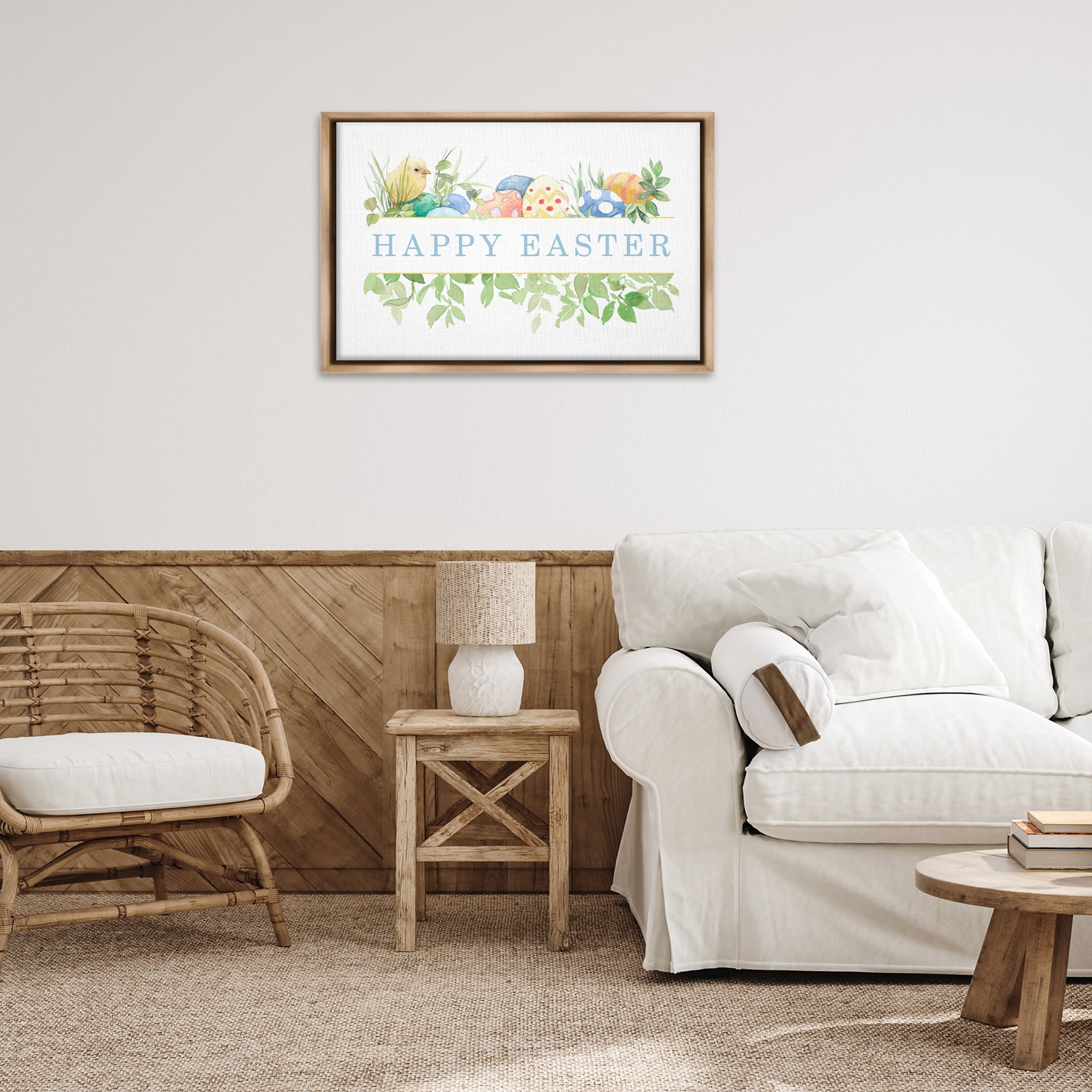 Stupell Industries Floral Happy Easter Holiday Painting Brown Floater Framed Canvas Art Print Wall Art, 31 x 21