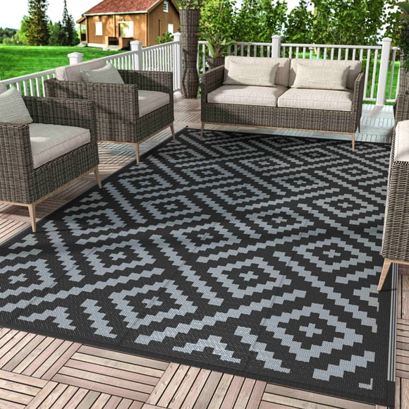 DEORAB Outdoor Rug Reversible 8x10' Patio Rug,Clearance Outside Plastic Waterproof Mat,Fordable Floor Rug for Patio, Camping, RV, Deck, Porch, Balcony, Backyard, black&grey