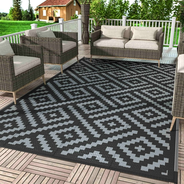 DEORAB Tapis d'Extérieur Réversible 6 X 9 Pi, Tapis de Patio en Liquidation, Tapis Extérieur en Plastique Imperméable, Tapis de Sol Pliable pour Patio, Camping, VR, Terrasse, Véranda, Balcon, Cour Arrière, Noir et Gris