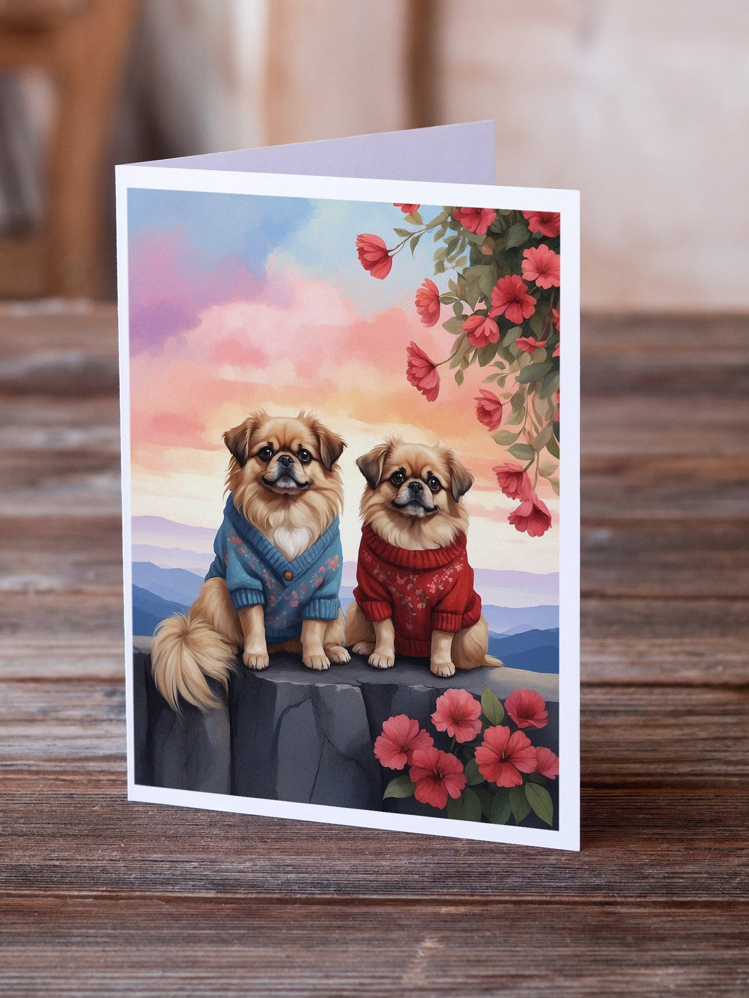 Pekingese Two Hearts Greeting Cards Pack of 8 7 in x 5 in
