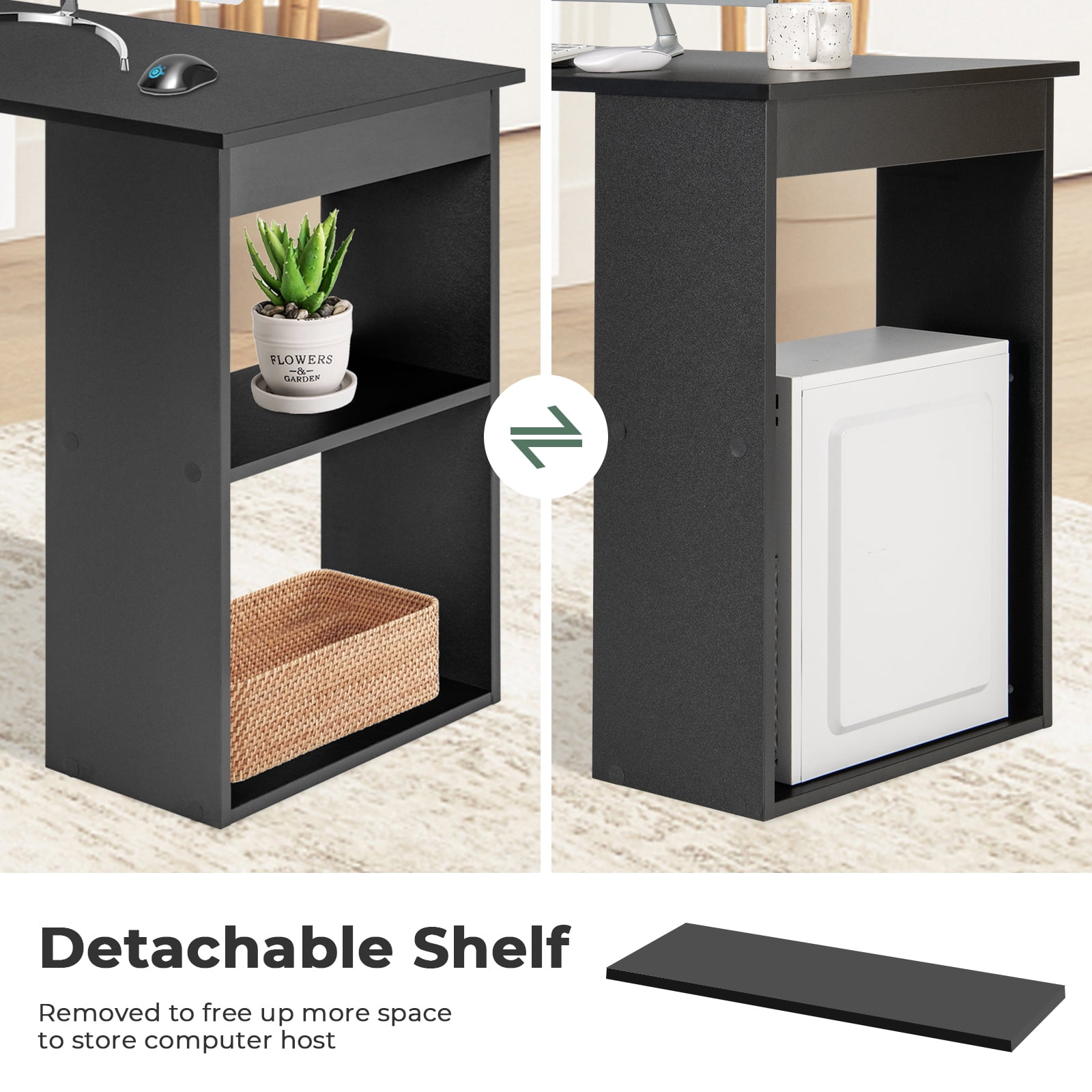 Topbuy 48 Inch Computer Desk with Bookshelf 3-in-1 Home office Desk with 4-Tier Bookcase & CPU Stand Space-saving Reversible Writing Desk Black