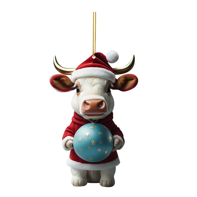 Huanglei 2D Acrylic Cartoon Fun Christmas Cow Christmas Tree Ornament Acrylic Christmas Cartoon Cute Cow Ornament Double Print White Elephant Gift Ornament