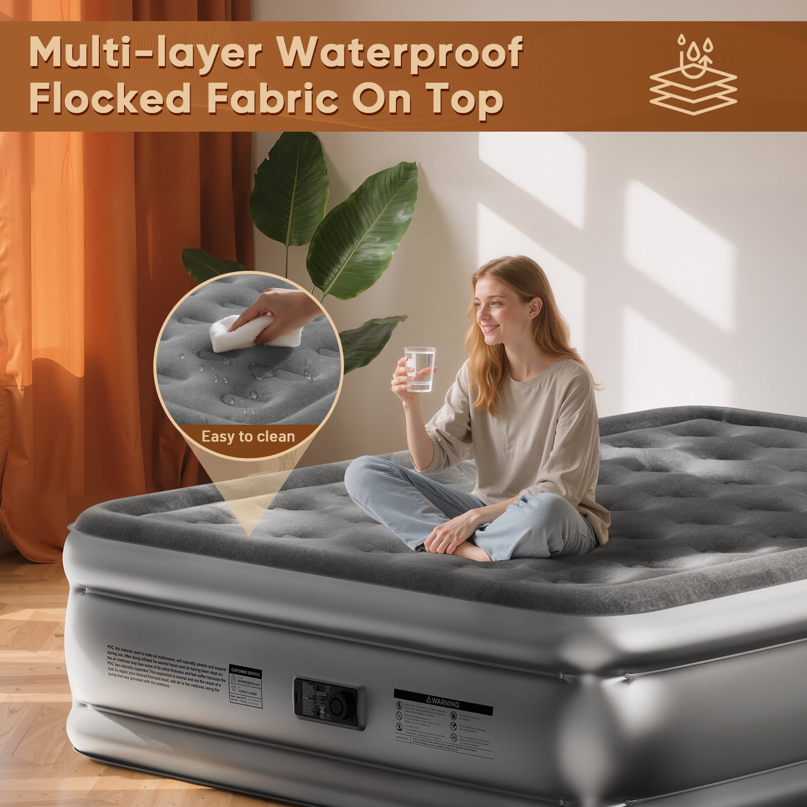 Divon Queen Air Mattress with Built-In Pump, 18-inch Elevated Inflatable Airbed, Portable Blow Up Bed for Guests, Game Night Sleepovers, Gray