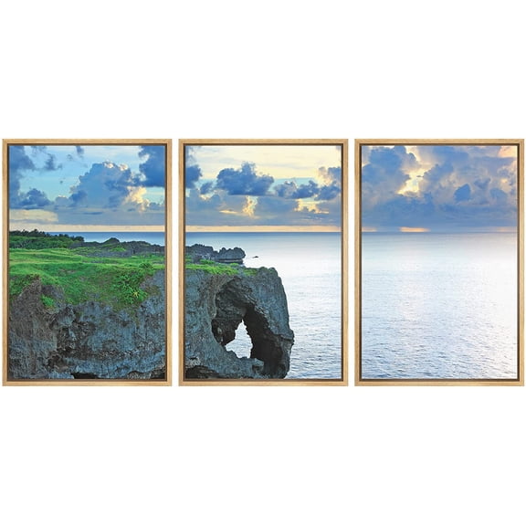 wall26 - 3 Piece Framed Canvas Wall Art - Sunset with Rock, Okinawa, Manzamo - Modern Home Art Stretched and Framed Canvas Ready to Hang - 24"x36"x3 Natural