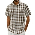 thumbnail image 2 of Coorders Men's Short Sleeve Cotton Plaid Shirt with Double Pocket, Brown, XL, 2 of 9