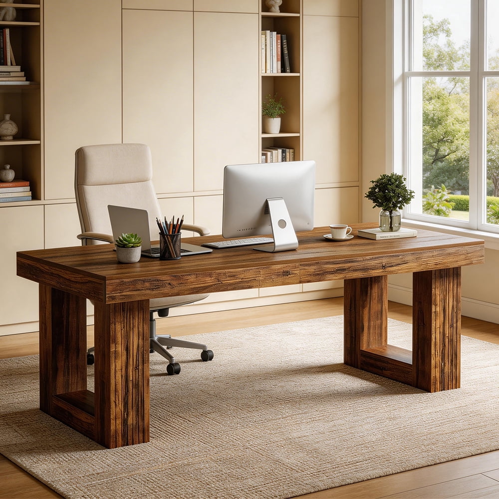 Finmind 86.6" Extra Long Double Desk for Two People, 2-Person Computer Desk with Large Workspace, Wooden Writing Table for Home Office, Rustic Brown