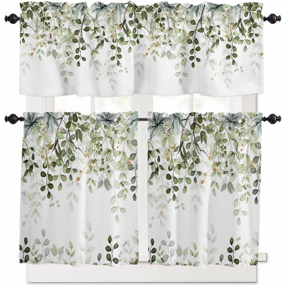 Eucalyptus Leaves Sage Green Kitchen Curtains Set, Farmhouse Valances Curtains Tier Rod Pocket Half Window Curtain 36 Inch Length, Spring Summer Herb Plant Curtains for Living Room Bedroom