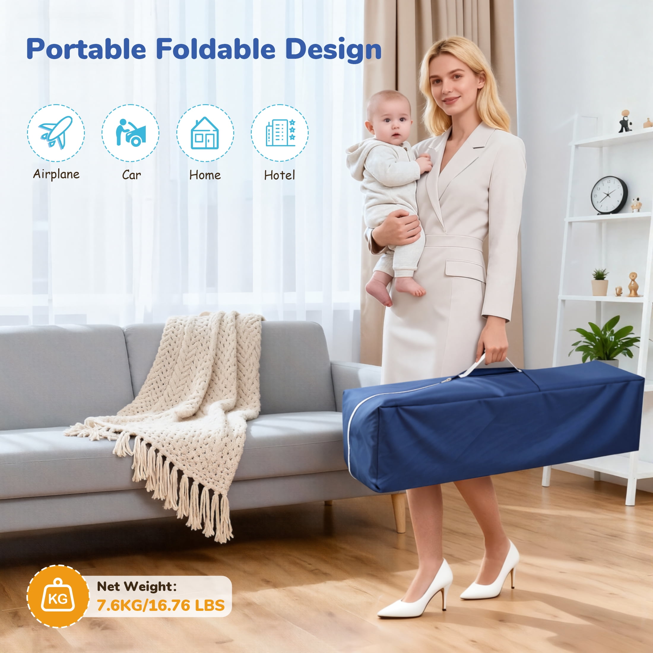 Minikid Nursery Center Playard with Bassinet Music and Toys, Baby Playpen for Newborn to Toddlers,Blue