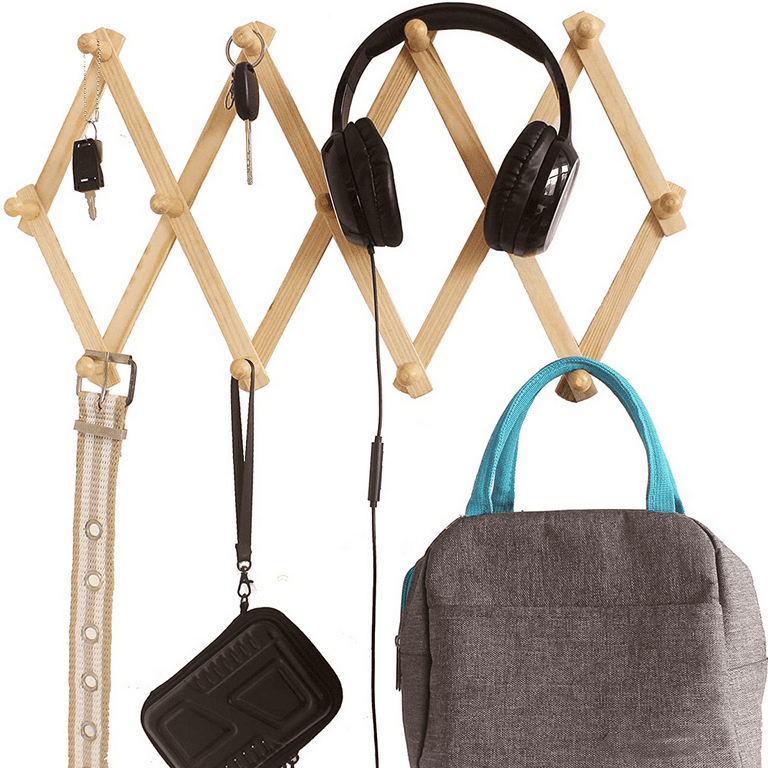 2 Pack Wood Expandable Peg Rack Multi Purpose Accordion Wall Hangers with 13 Hooks for Hats Coat Mugs Scarf Jewelry Storage
