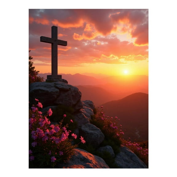 Diamond Art Kits for Adults - Mountain Sunset Flowers Cross 5d Diamond Painting for Adults, Diamond Art for Adults Beginners, Frameless Diamond Painting Kits for Adults for Home Wall Decor