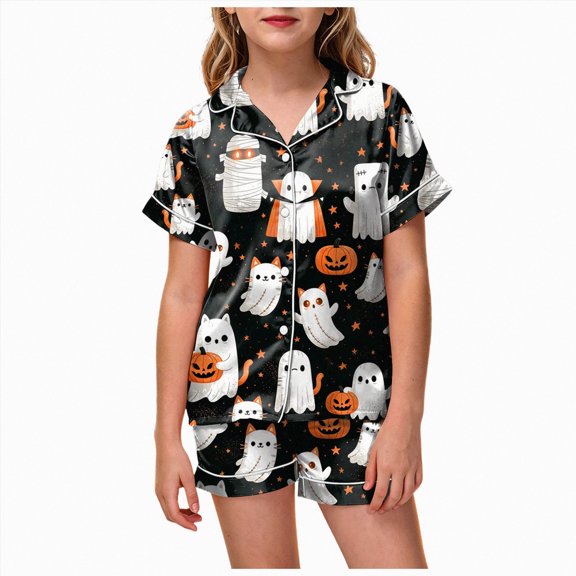 NIEWTR Kids 2 Piece Outfits Girls Cute Halloween Pajamas Button Down Short Sleeve Shirt Shorts Pjs Cute Everyday Sleepwear