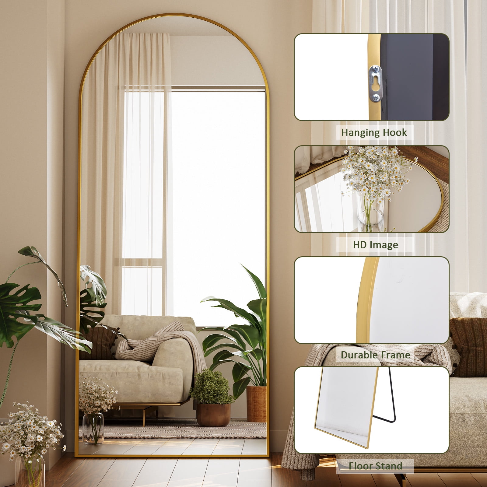 Puremirror 67"x30" Arched Floor Mirror Full Length Mirror Full Body Standing Mirror, Gold