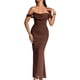 thumbnail image 3 of Vestido Maxi con Hombros Descubiertos, Corsé Fruncido, Ajustado, Vestidos Formales para Invitadas de Boda para Mujeres Marrón L, 3 of 8