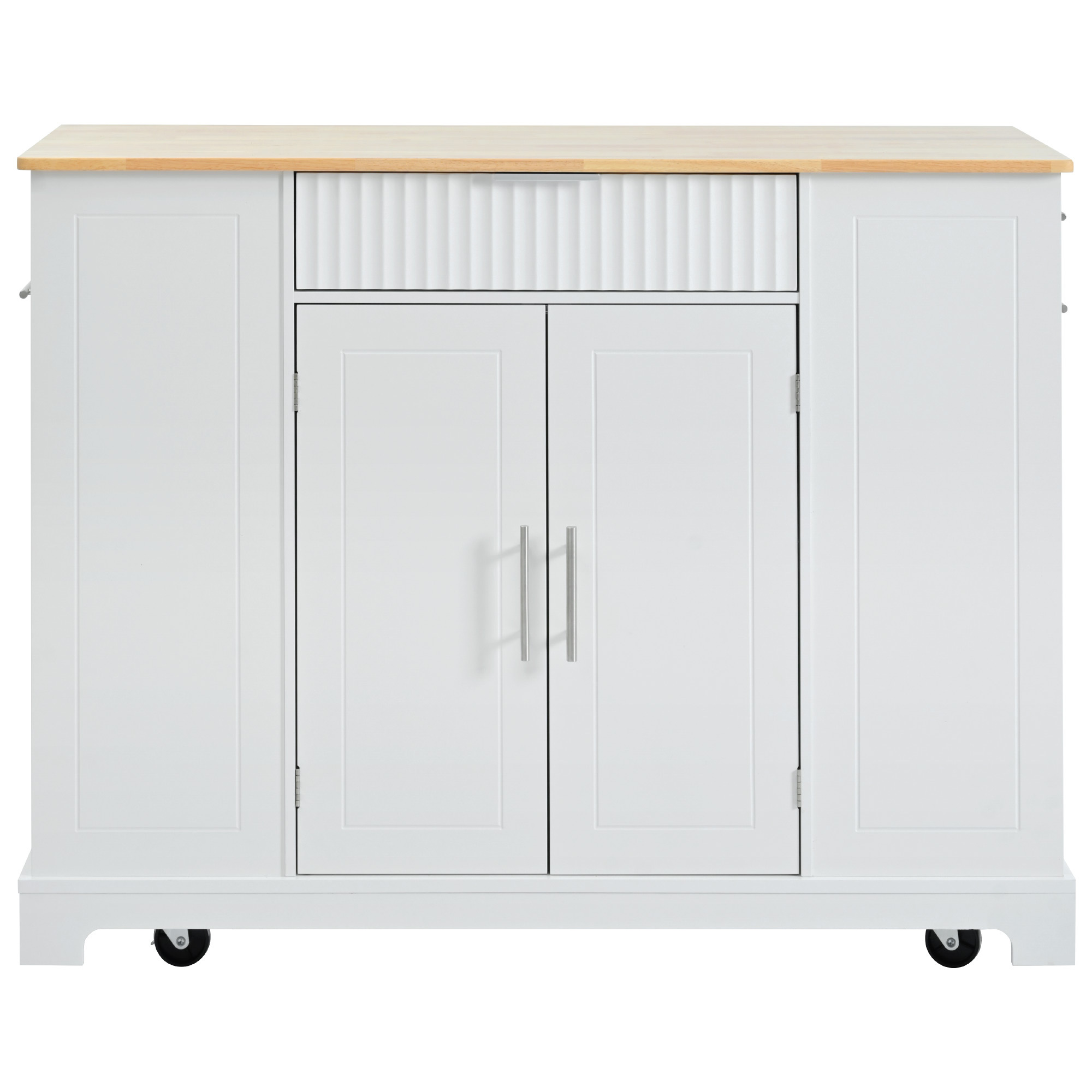 AENKYO Fluted Kitchen Island with Trash Can Storage Cabinet, Power Outlet, Internal Storage Rack, Rolling Kitchen Islands on 5 Wheels with 3 Drawer, 3 Open Side Racks for 10 Gallon Garbage Bin,White