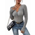 thumbnail image 2 of Women'S Long Sleeve Henley Tops Ribbed Knit Slim Fitted Trendy T Shirt Basic Tees Layer Fashion Outfits Gray S, 2 of 9