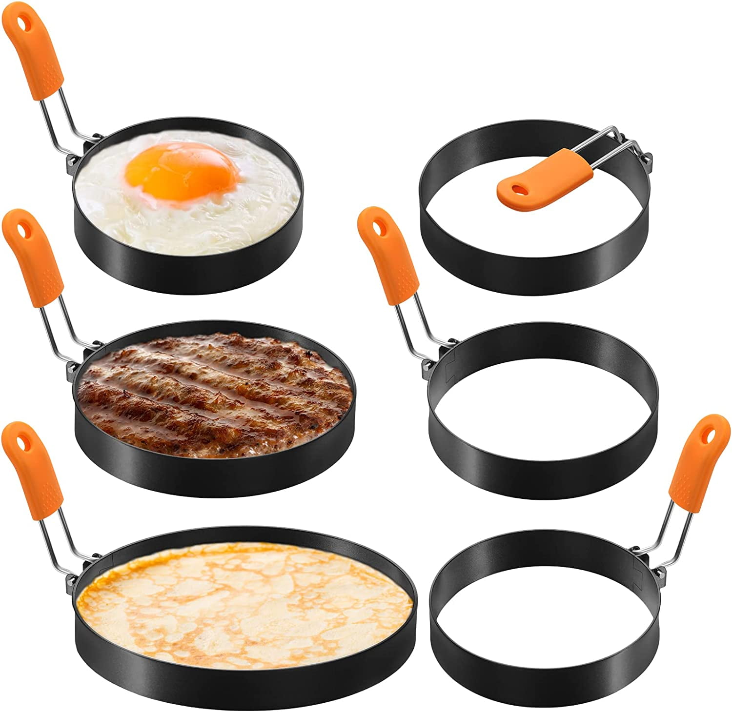 6 Pcs Pancake Mold, Egg Ring, with Orange Silicone Handle, for